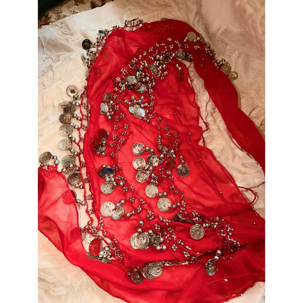 Red Belly Dance Hip Scarf Coin Wrap Sheer Chiffon Silver Tone Coins Used - Picture 16 of 16